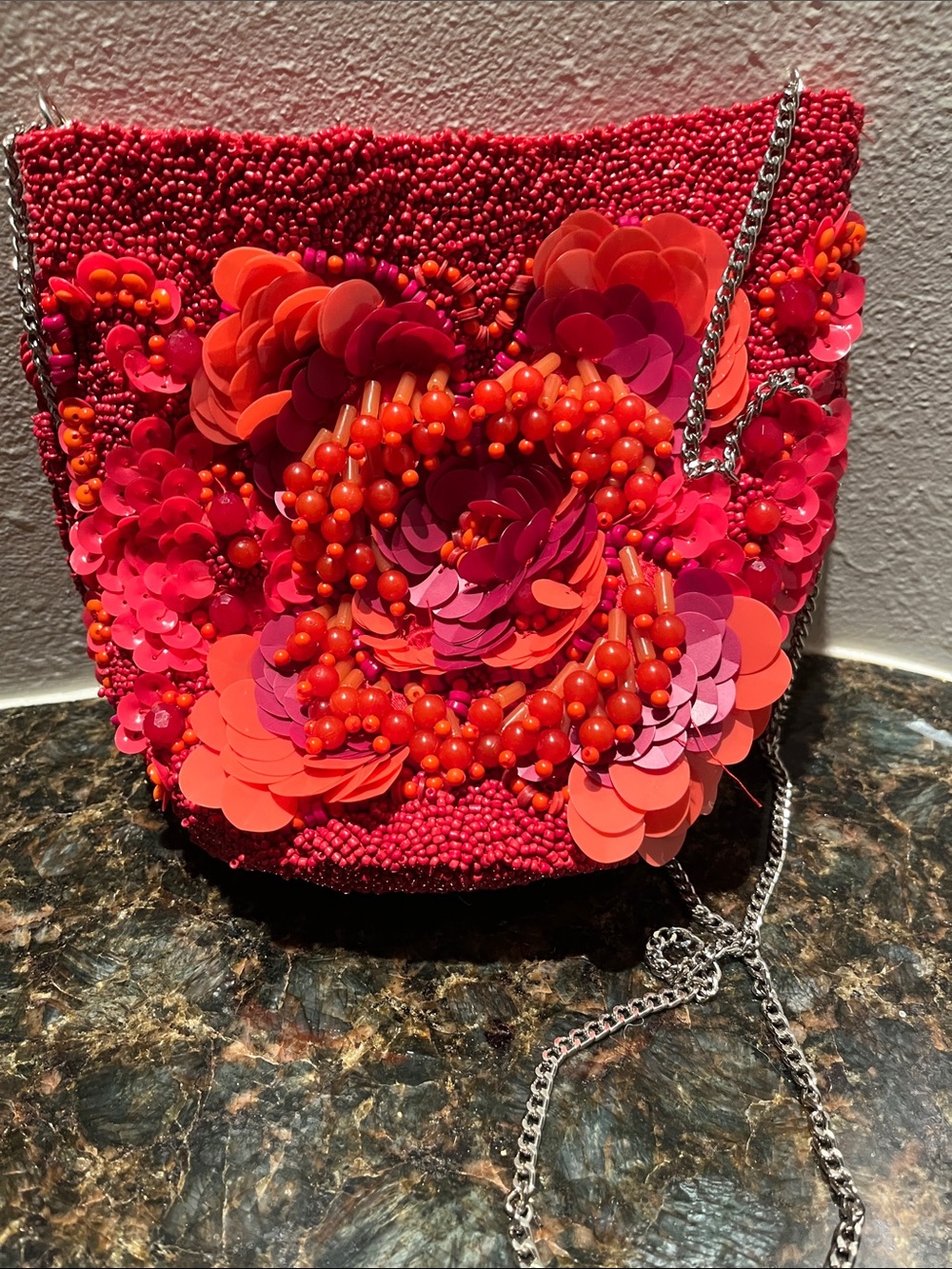 Red Floral Beaded Crossbody Bag with Silver Chain